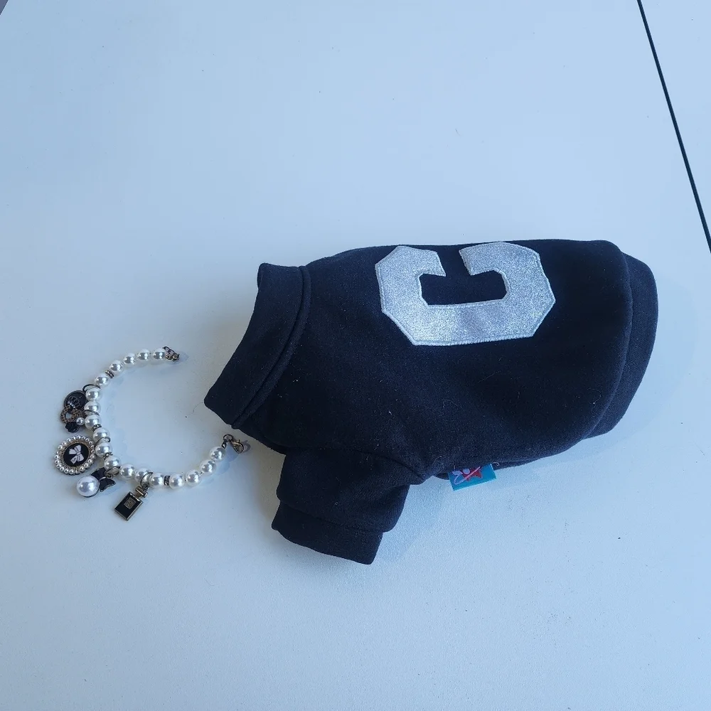 Set Of 2 Dog C Letter Black Silver Cat Puppy Coat Top Jacket Snap+Jewel Collar S